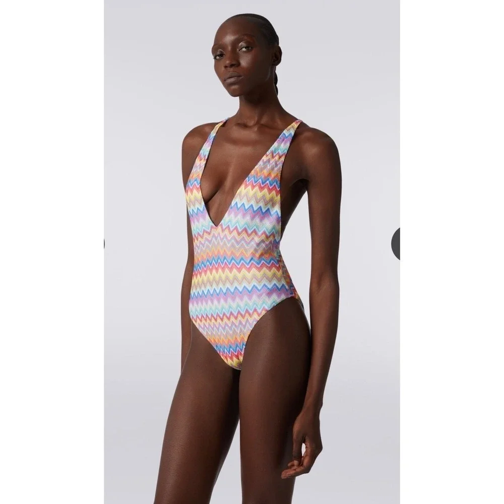 Missoni Mare Women Multicolor Zigzag Knit Deep V-Neck One-Piece Swimsuit NEW